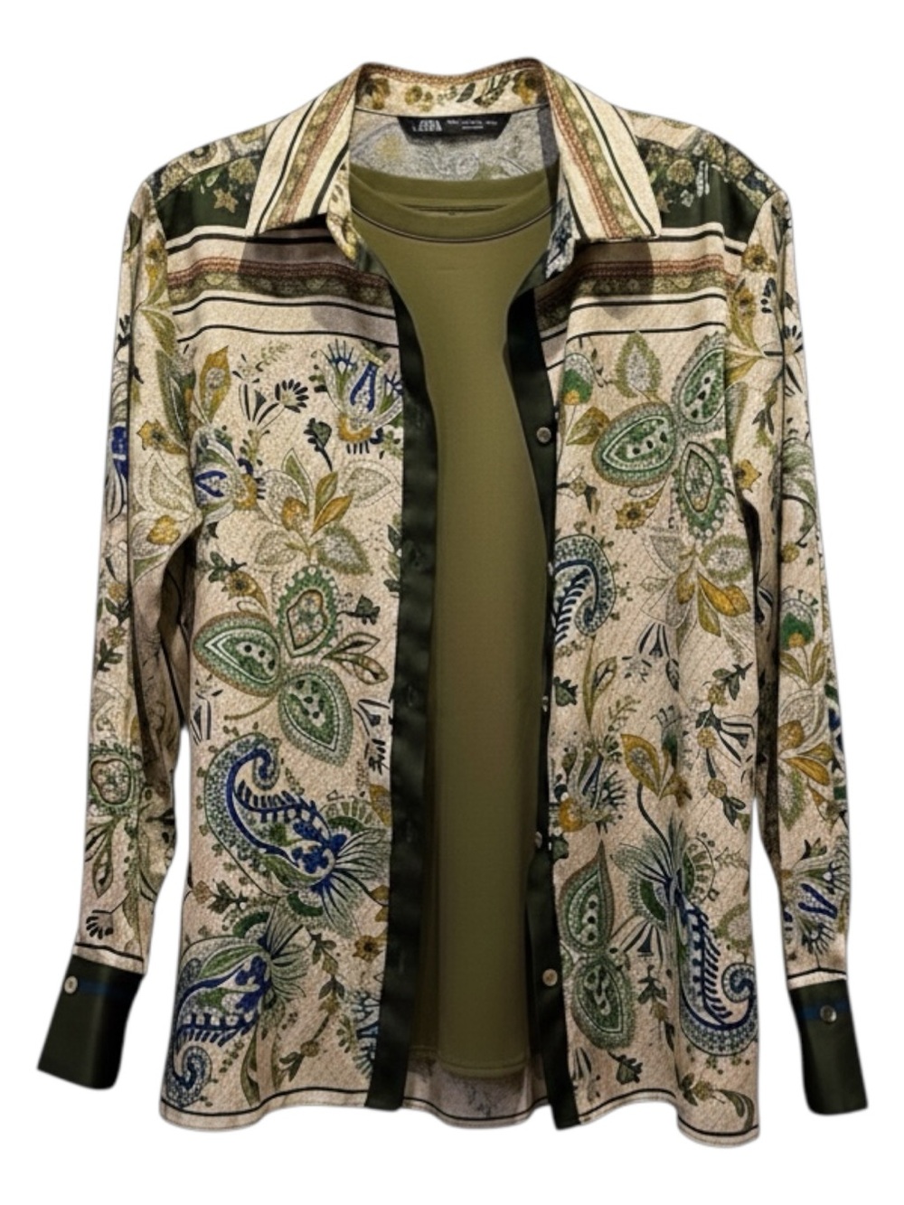 Zara Beautiful Olive Green Satin Paisley Floral Print Size Small Tunic Blouse
